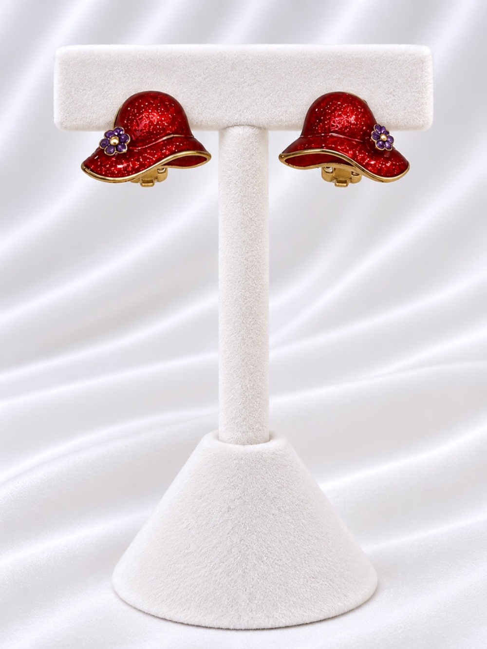 RED HAT SOCIETY Red Enamel Hat Clip-On Earrings with Purple Flower Accent